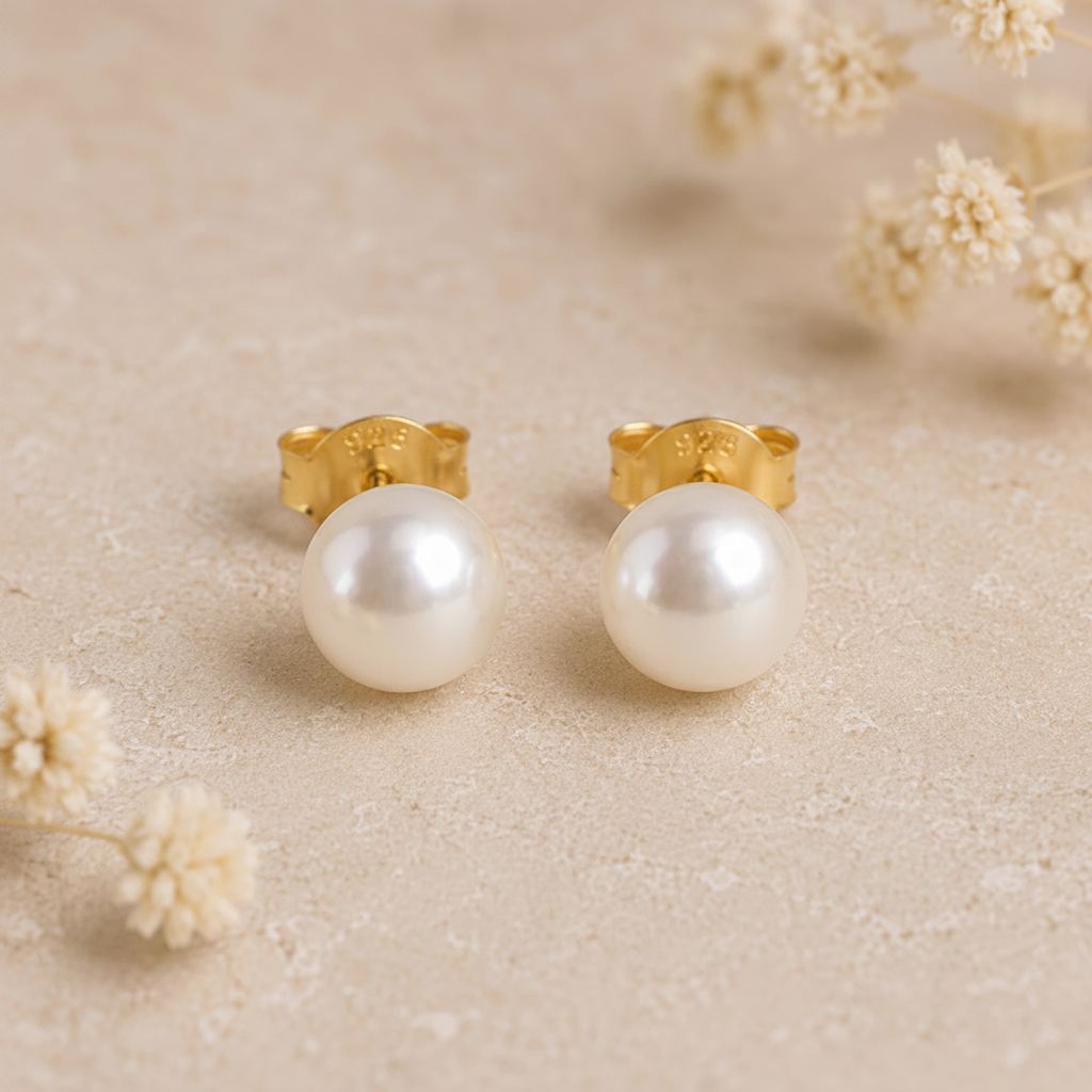 Gold natural freshwater pearl stud earrings