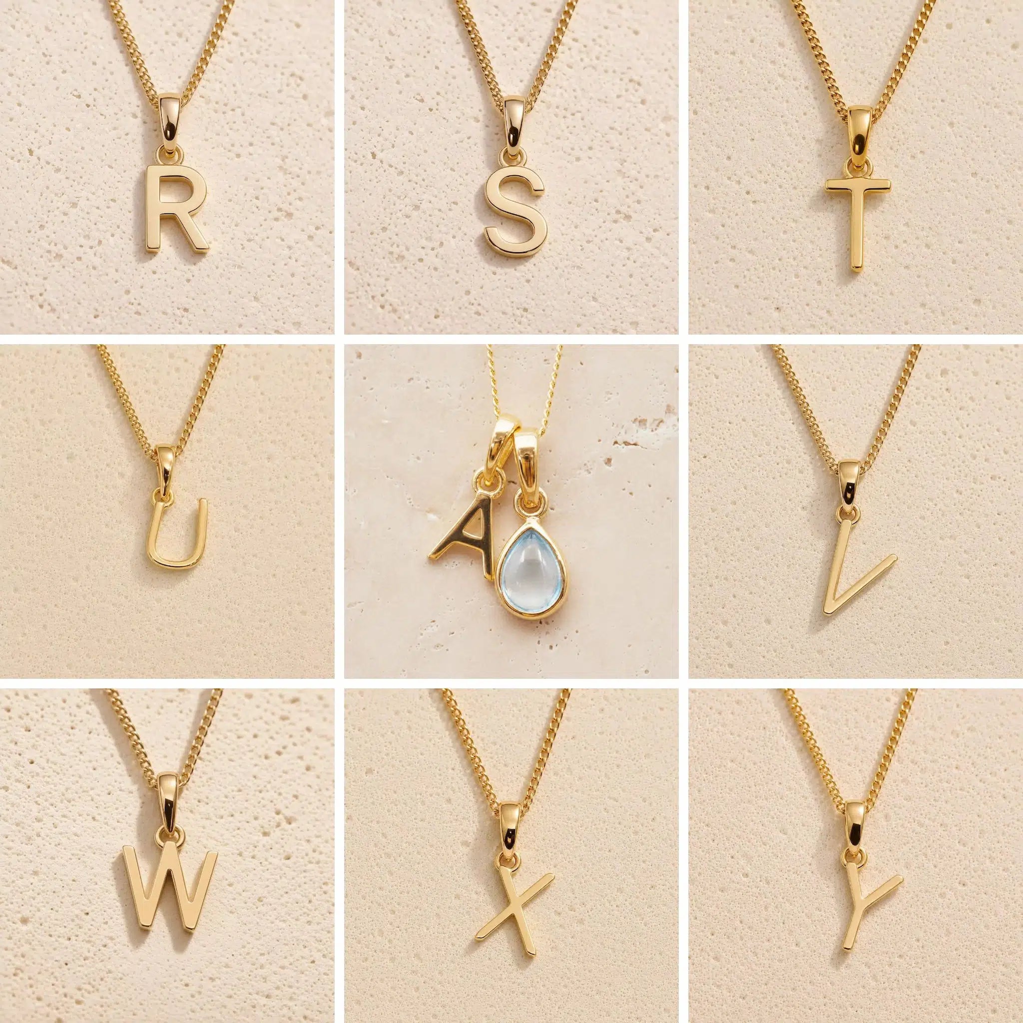 Gold necklaces with letters R to Y on a beige background showing the personalised gold letters available for the November Birthstone Blue Topaz Necklace.