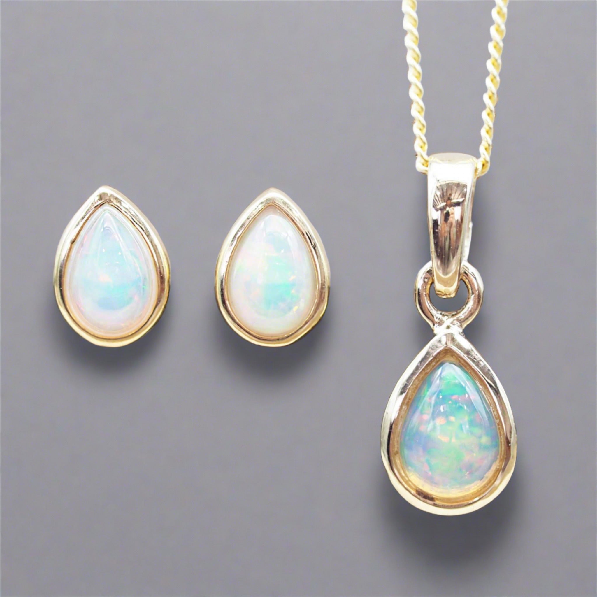 Gold October Birthstone opal earrings and opal necklace by australian jewellery brand indie and harper