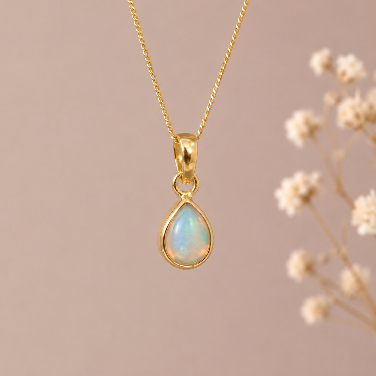 A gold teardrop pendant necklace with an iridescent opal stone, hanging against a soft beige background with blurred dried flowers on the right.