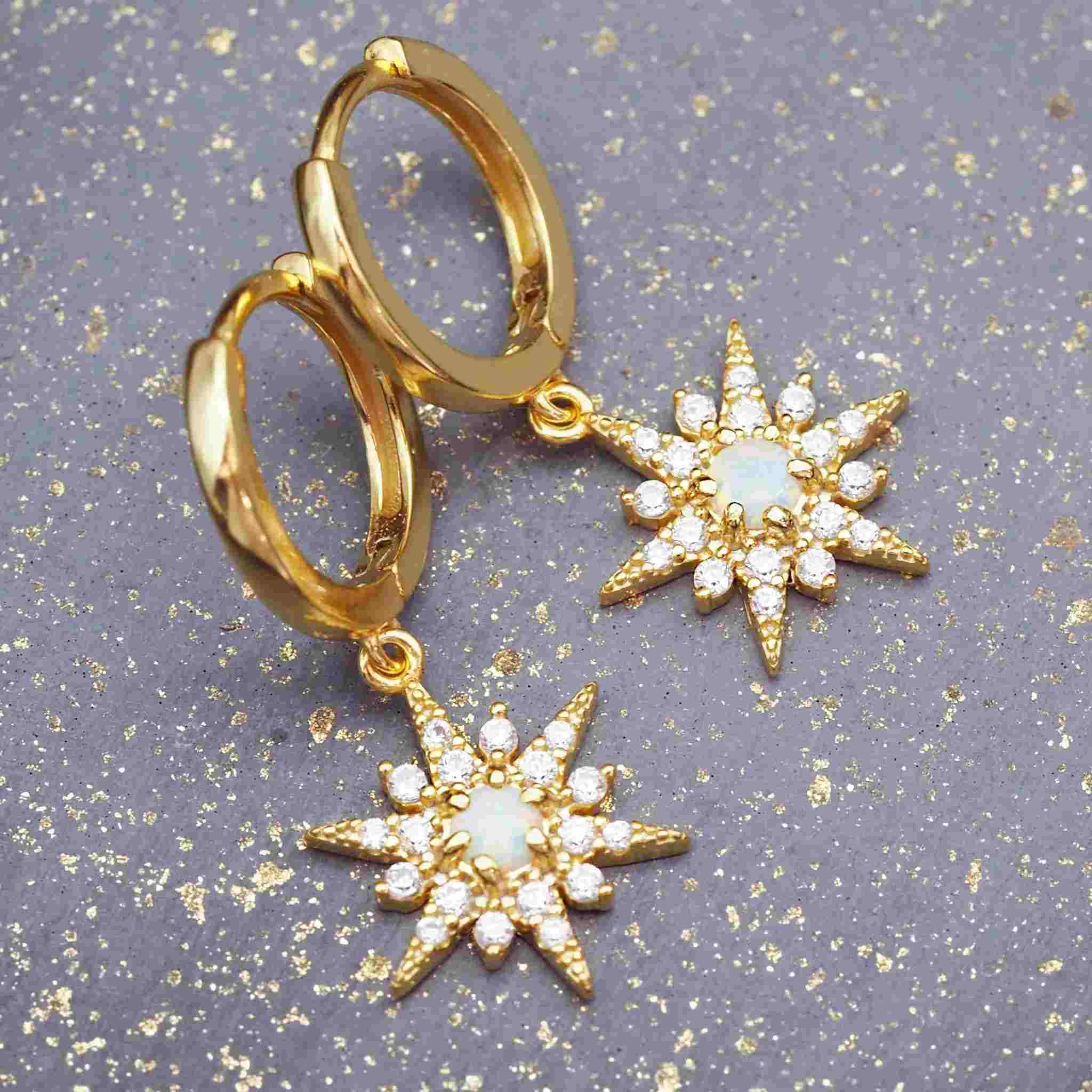 Gold Celestial star charm Opal and CZ Hoop Earrings