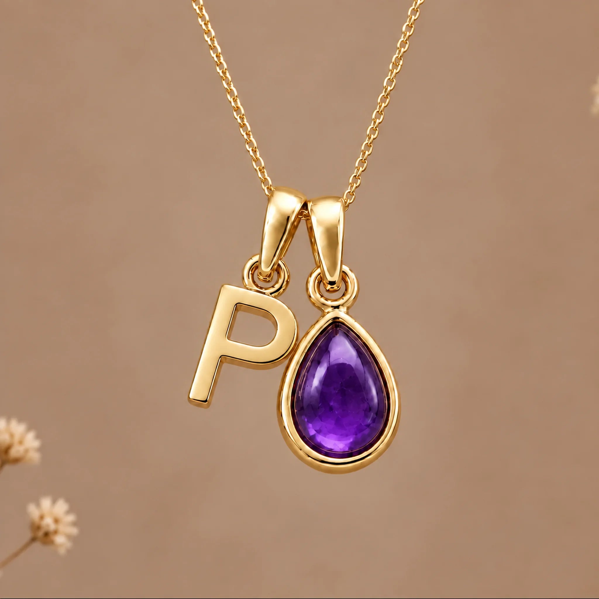 Gold initial P necklace with a natural February amethyst