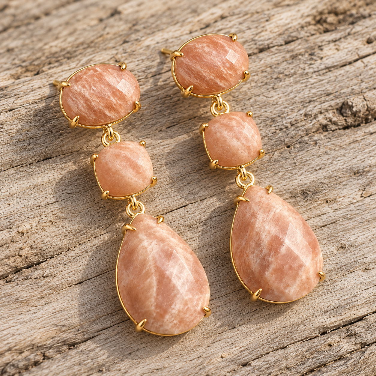 Gold peach sandstone drop earrings on wooden background