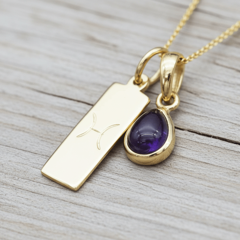 Gold necklace with a purple teardrop pendant on a wooden surface