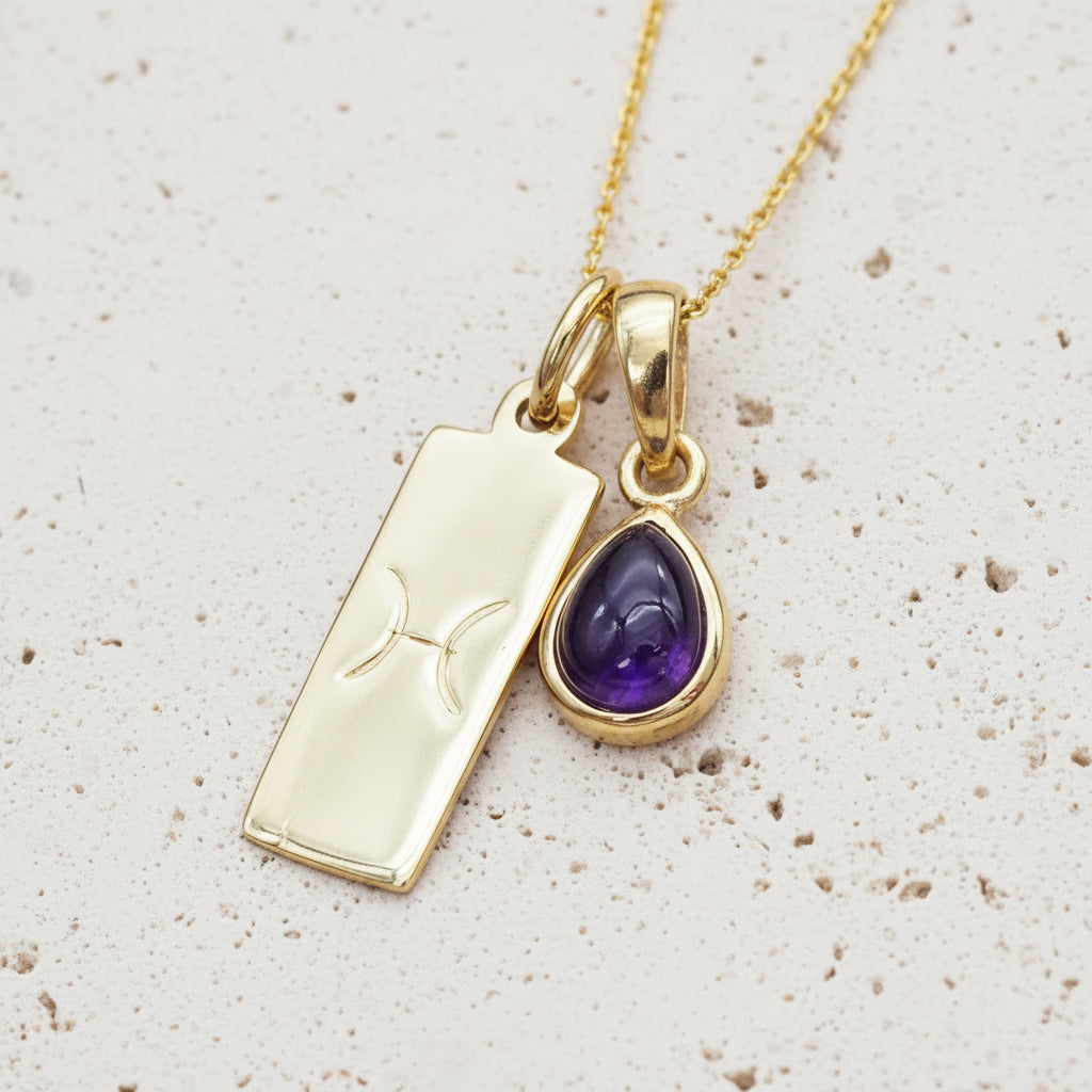 Gold Zodiac Pisces and February Birthstone amethyst Necklace 