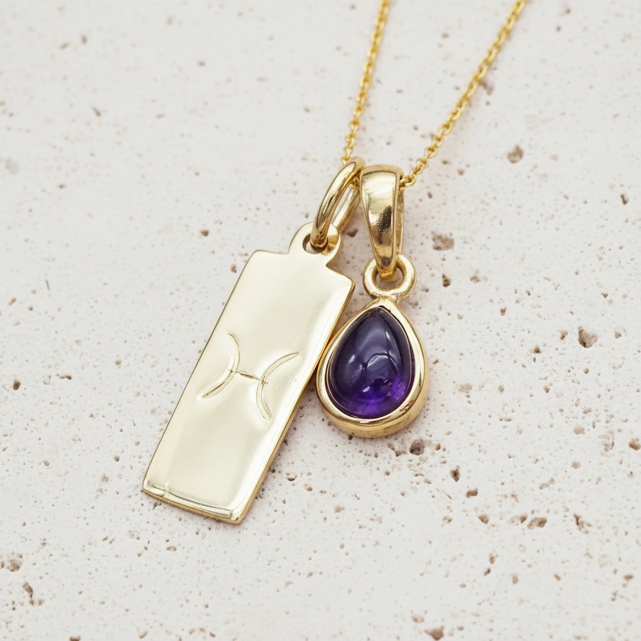 Gold February Birthstone Necklace with a pear-shaped natural Amethyst gemstone pendant and Pisces Zodiac pendant