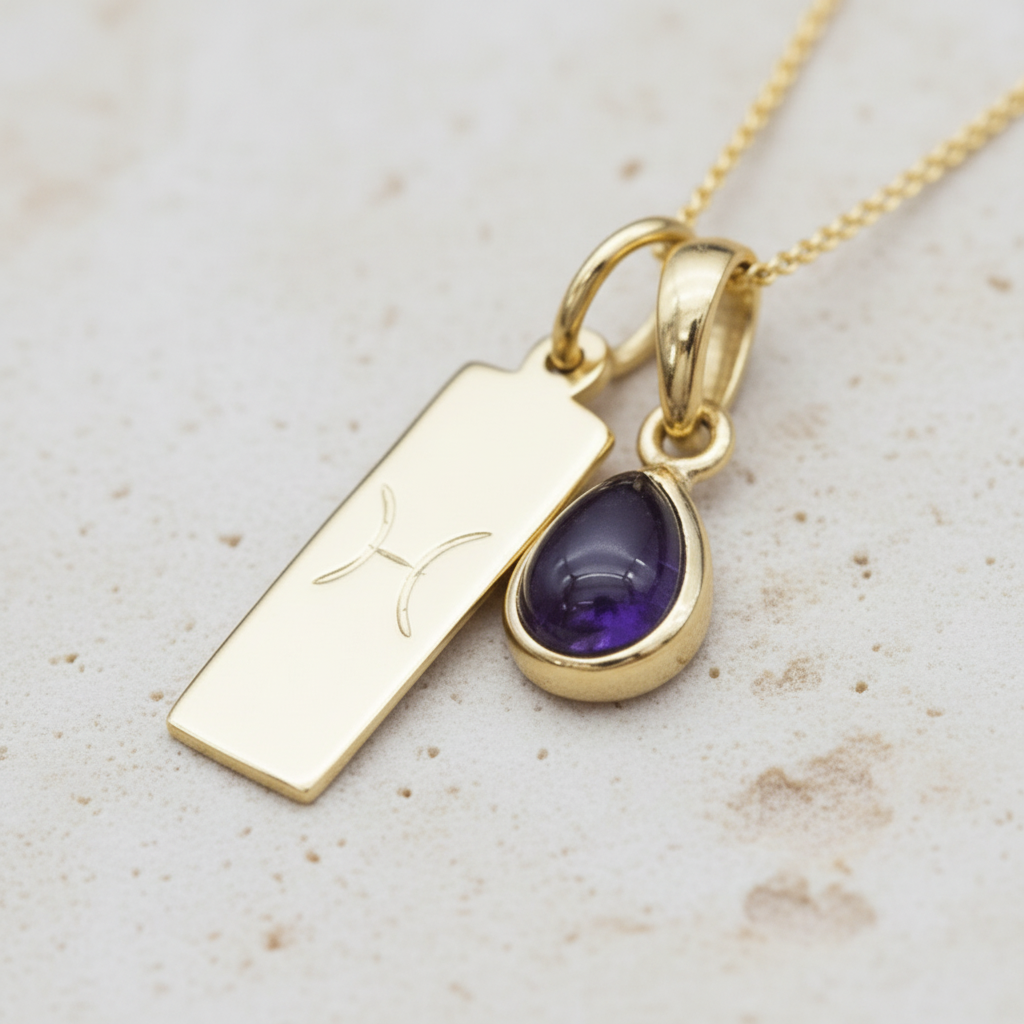 Gold pisces zodiac necklace with a purple amethyst teardrop pendant on a stone surface