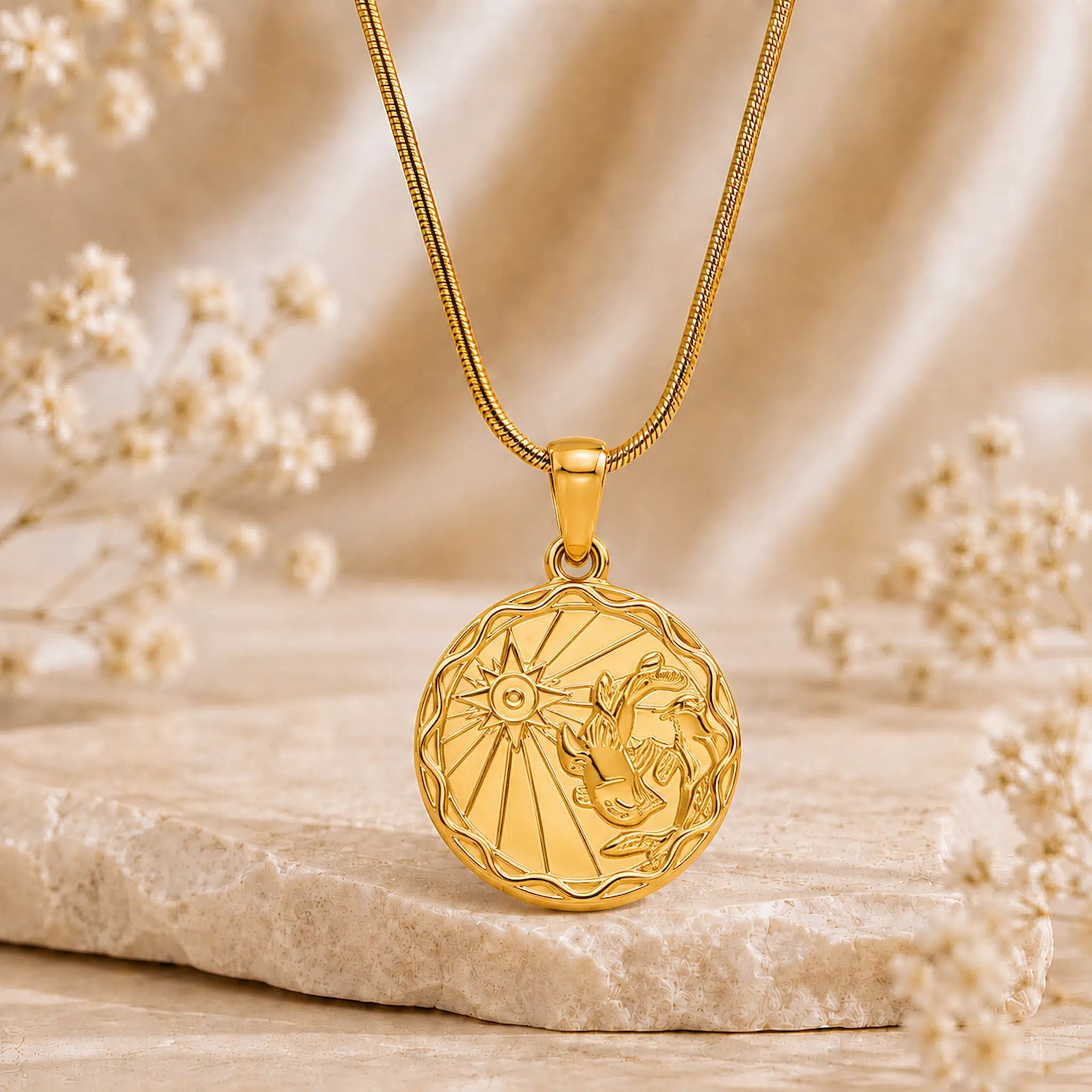 A gold pendant necklace with a circular pisces zodiac sign design, resting on a textured stone with soft dried flowers in a warm, neutral setting.