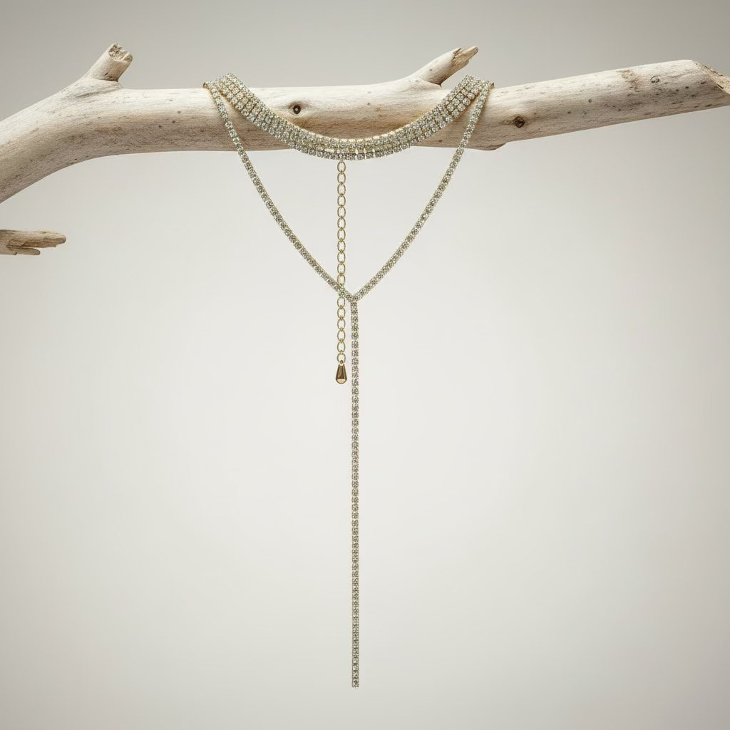 Gold rhinestone chain necklace on a branch against a neutral background