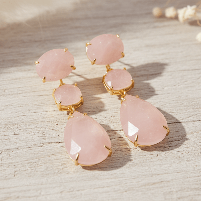 Pair of rose quartz teardrop earrings by Indie and Harper, on a white stone with dried flowers in the background
