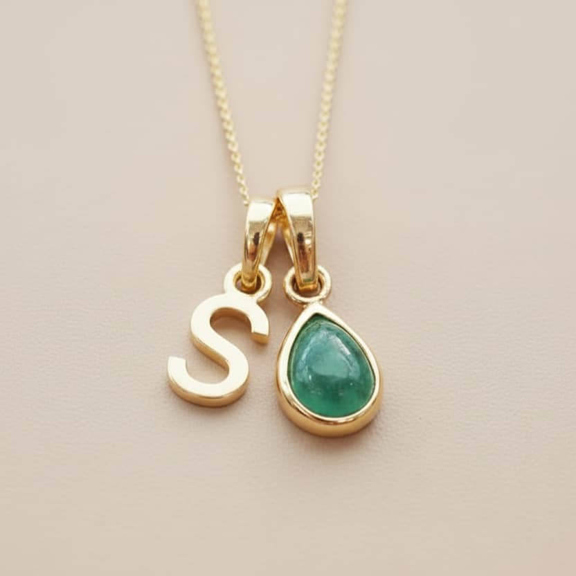 Gold Initial and May Birthstone Emerald Necklace