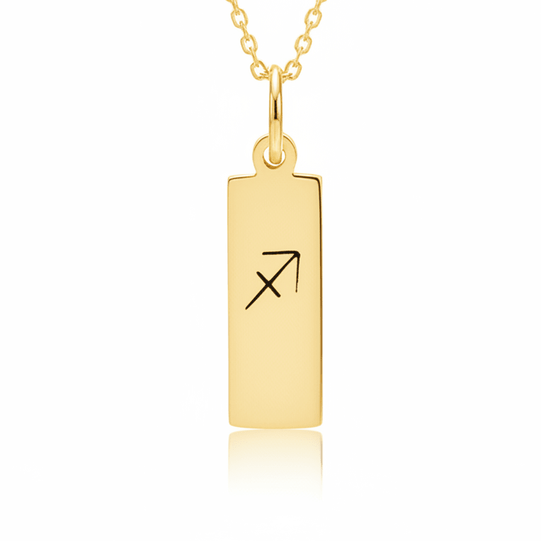 Gold pendant necklace with a black Sagittarius symbol on a white background