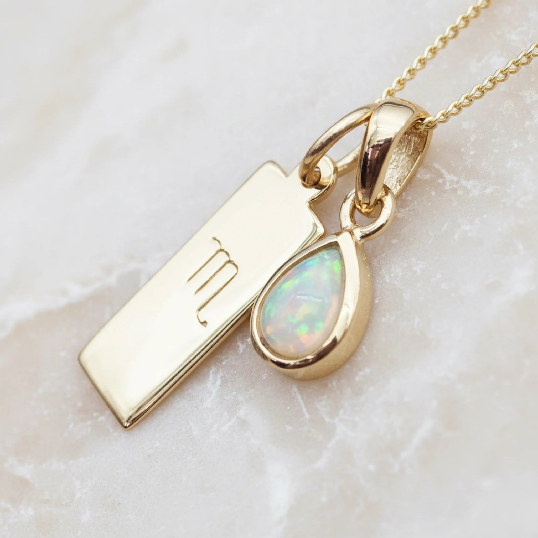 Gold Scorpio Zodiac Necklace with October Birthstone natural opal pendant