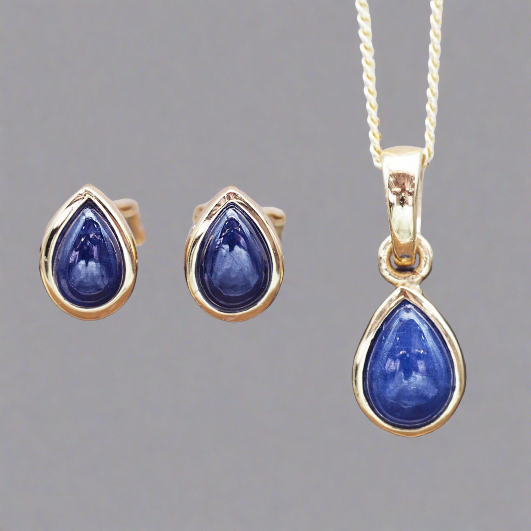 gold September Birthstone sapphire earrings and necklace by indie and harper australia