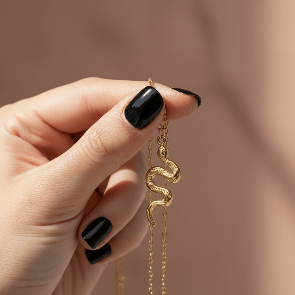 Gold serpent snake pendant necklace held