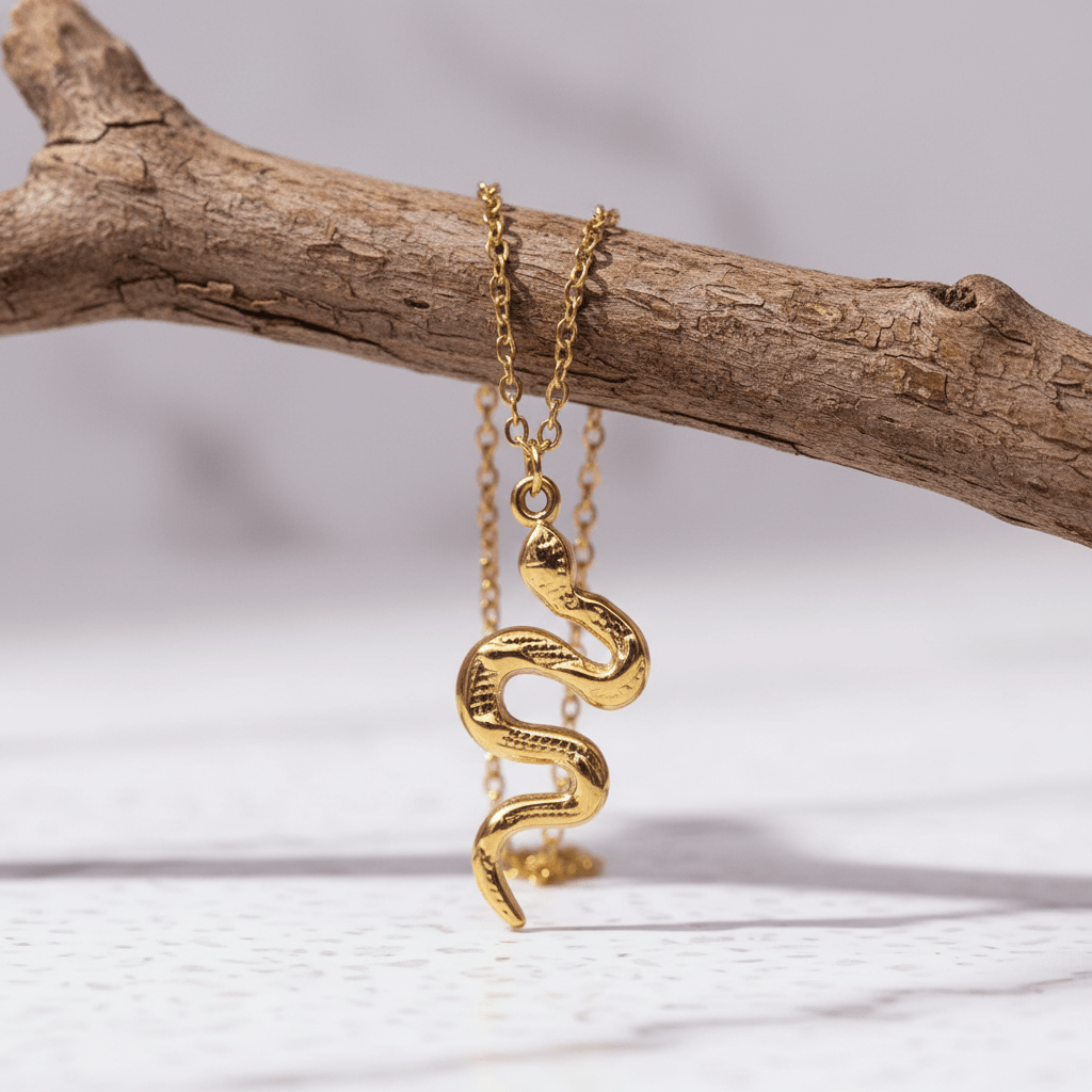 Gold serpent snake pendant necklace hanging from a branch