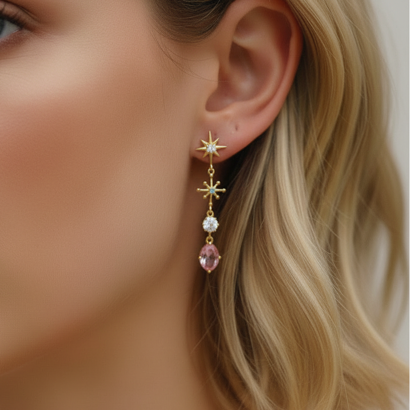 Close-up of a woman wearing a star-shaped earring with pink gemstones.