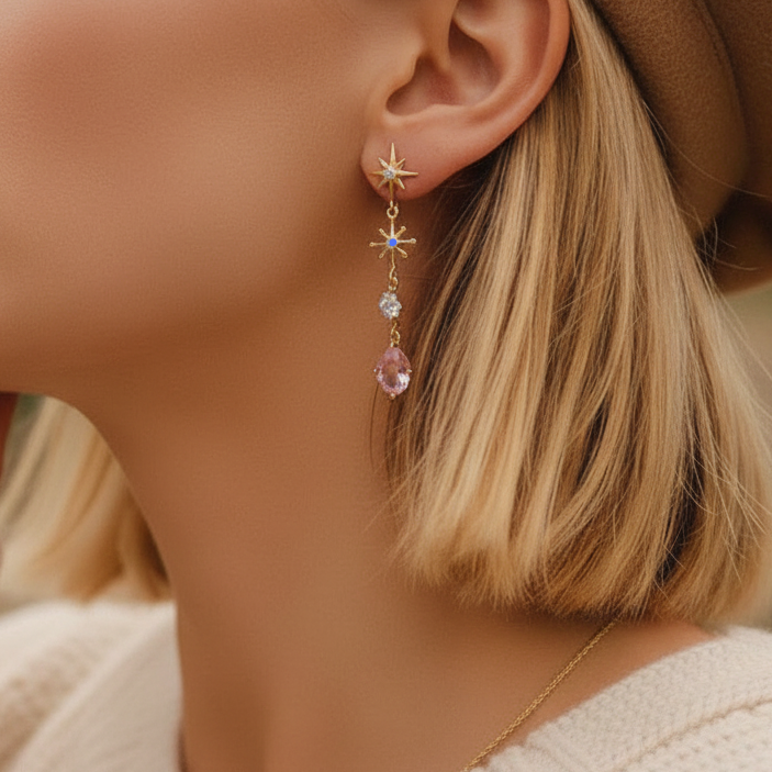Close-up of a person wearing a gold earring with a pink gemstone.