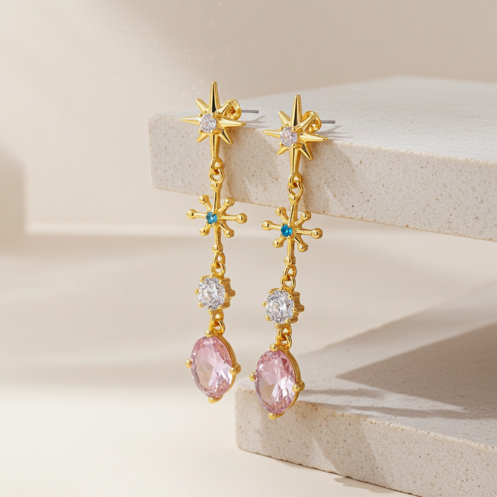 Gold earrings with pink gemstones on a beige surface