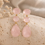 gold statement stud earrings with three natural faceted rose quartz cascading gemstones 