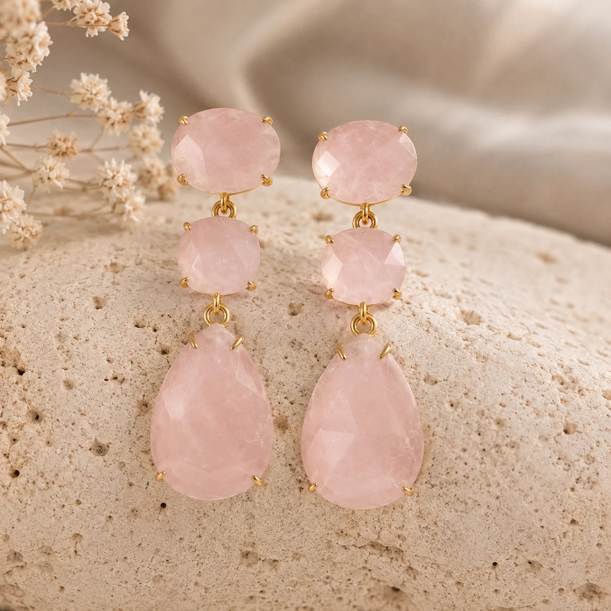 gold statement stud earrings with three natural faceted rose quartz cascading gemstones 