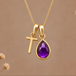 Gold initial T necklace with a natural February amethyst