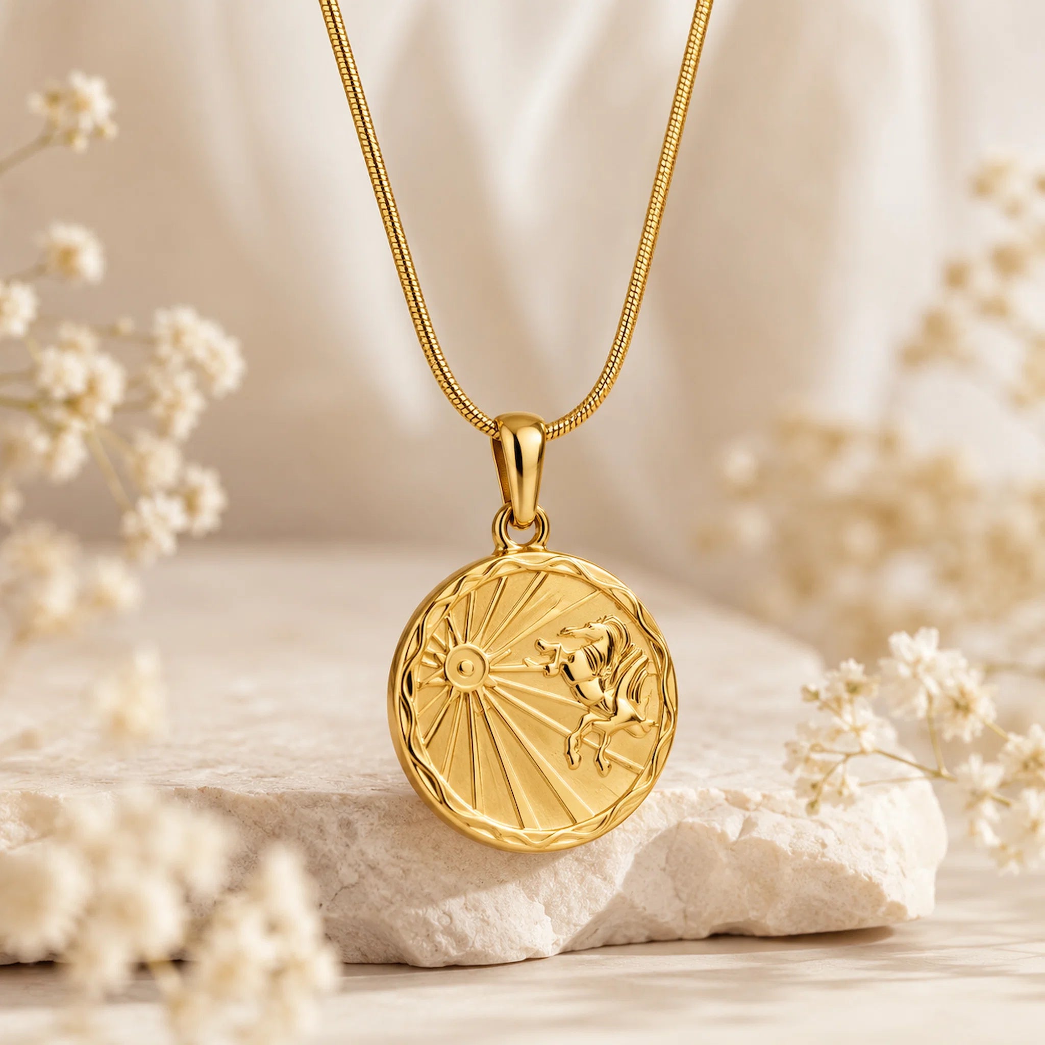 A gold pendant necklace with a circular taurus zodiac sign design, resting on a textured stone with soft dried flowers in a warm, neutral setting.