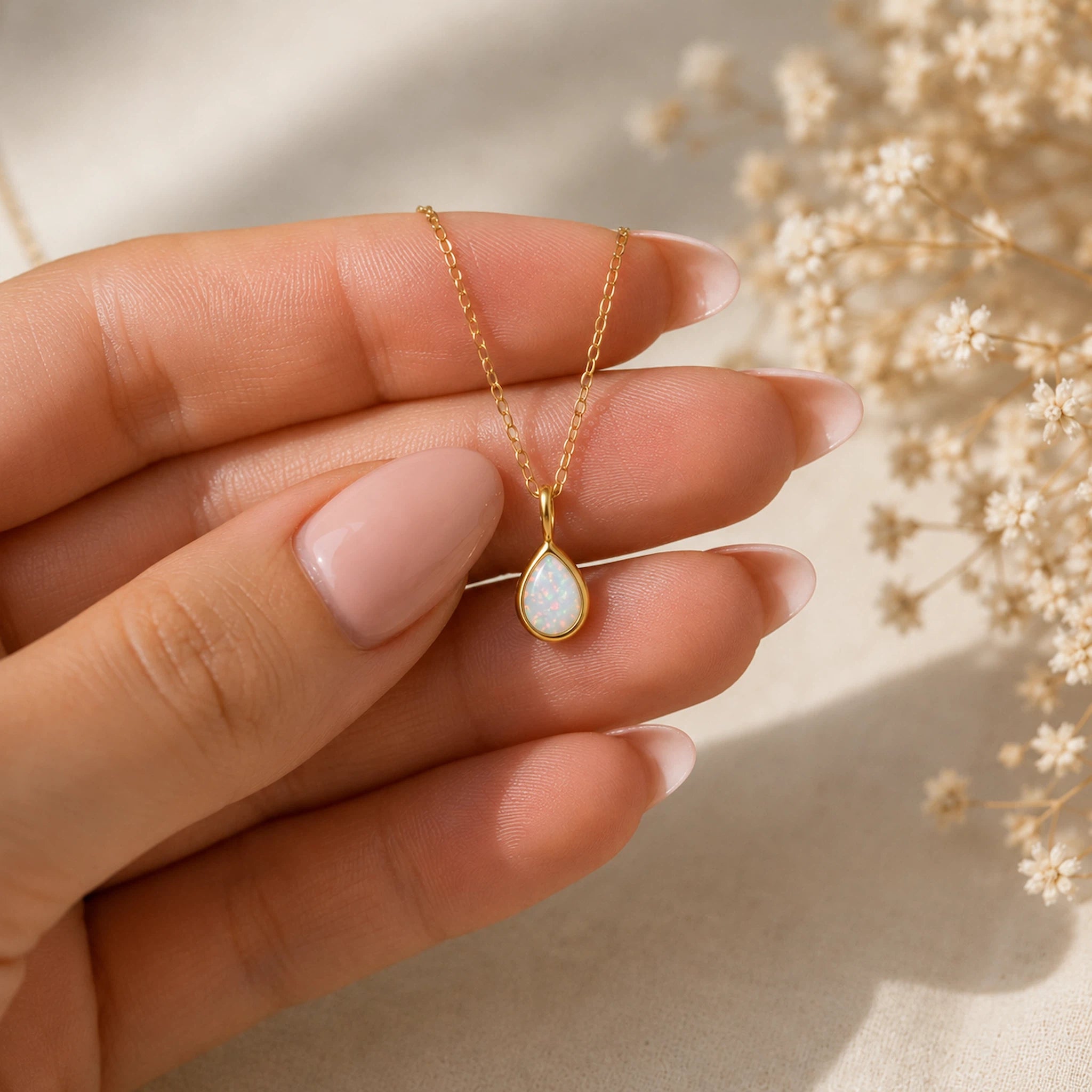 hand holding a dainty gold teardrop white opal necklace