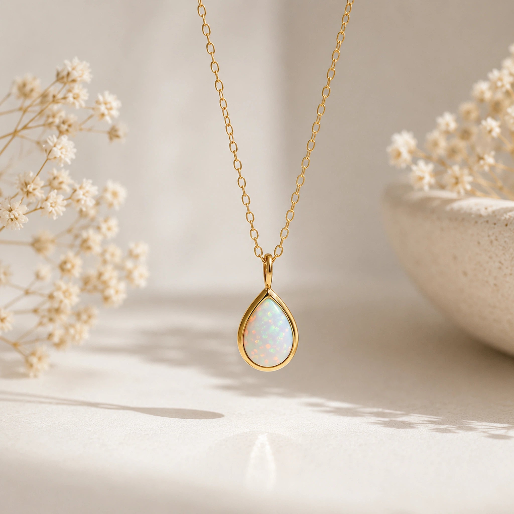 gold teardrop white opal pendant necklace hanging