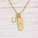 gold initial U pendant and pisces zodiac star sign pendant on a fine gold chain
