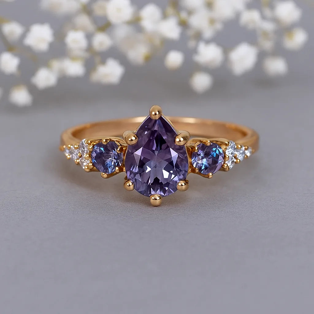 Gold vermeil ring with purple alexandrite gemstones on a gray background