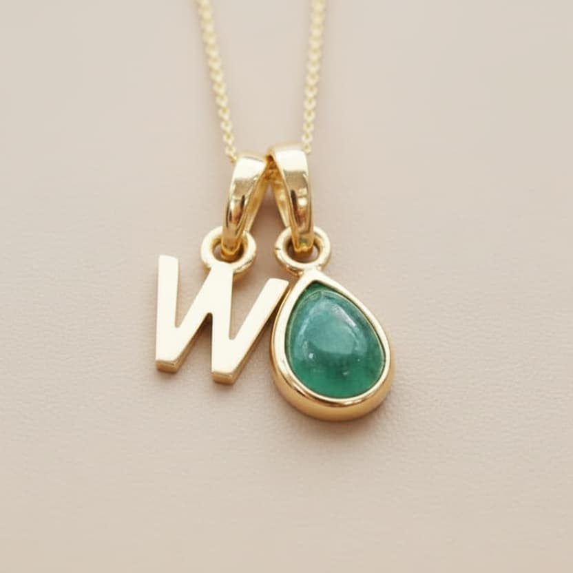 Gold Initial and May Birthstone Emerald Necklace