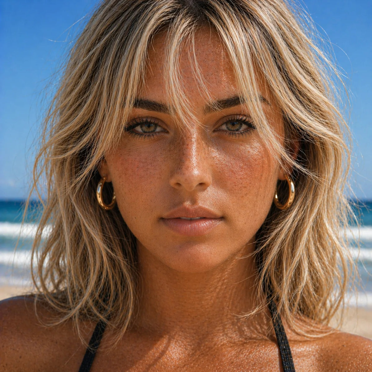 Woman with blonde hair on a beach wearing stainless steel gold waterproof hoop earrings