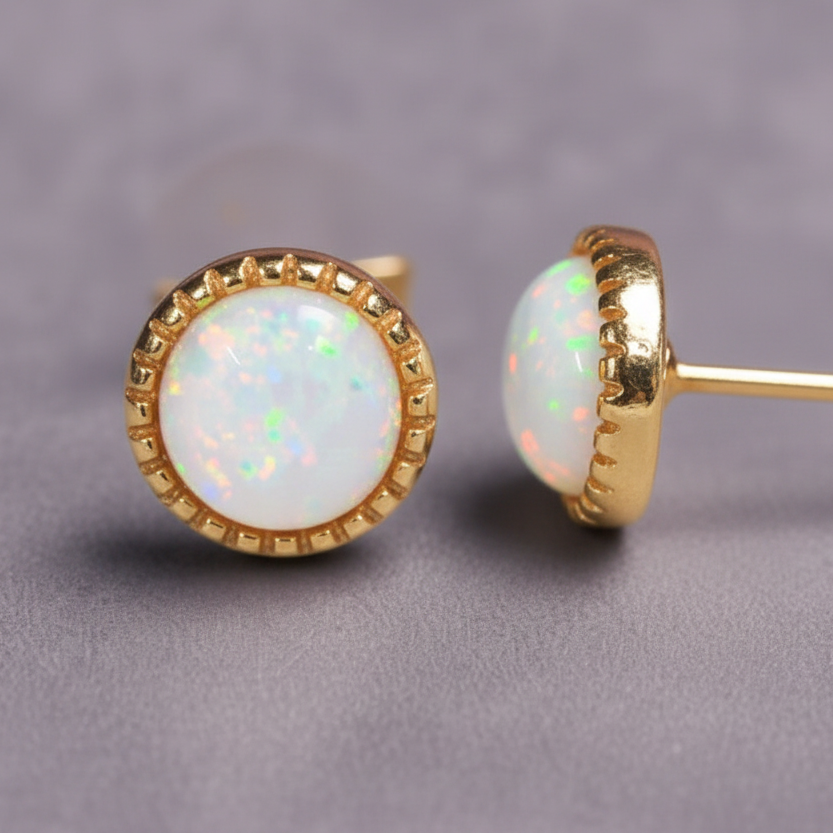 Gold-framed opal stud earrings on a gray background