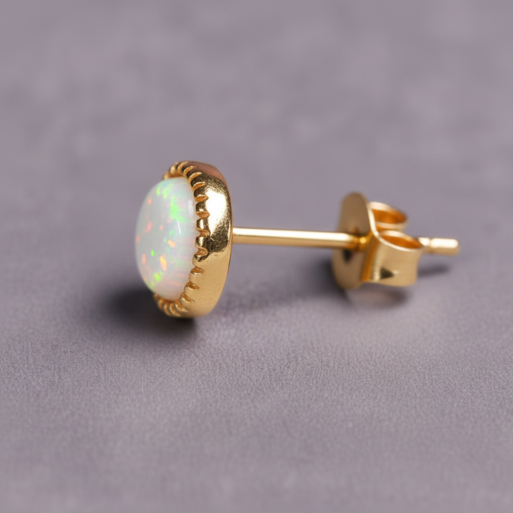 gold white opal stud earring side view on a grey surface