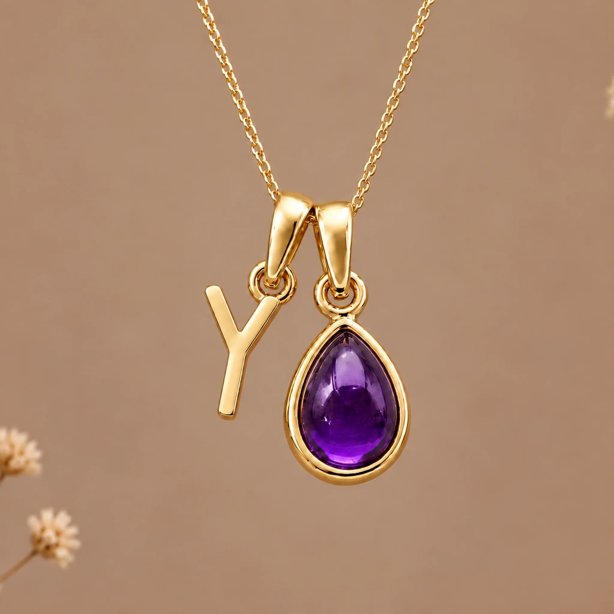 Gold initial Y necklace with a natural February amethyst