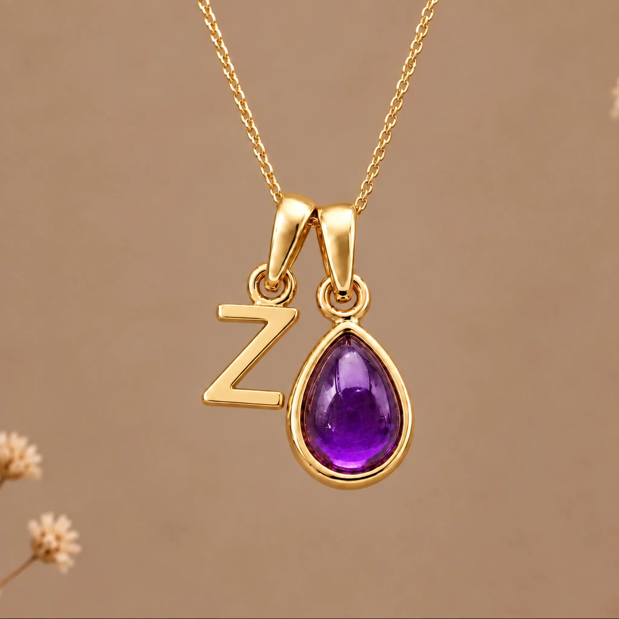 Gold initial Z necklace with a natural February amethyst