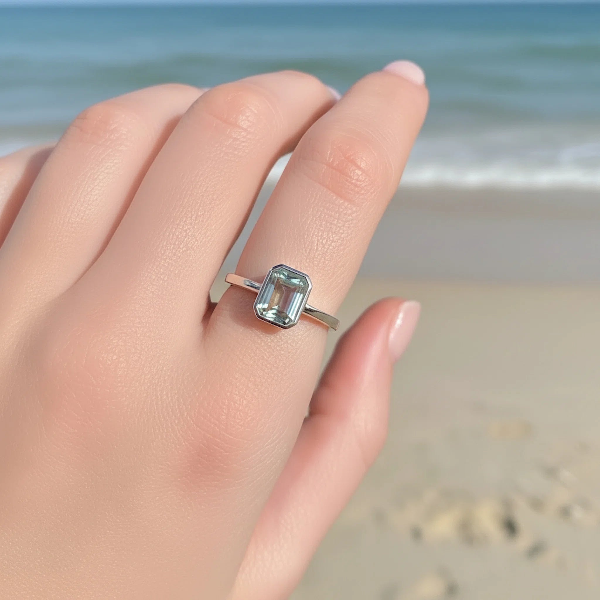 Hand wearing a ring with a sterling silver faceted green amethyst gemstone on a beach