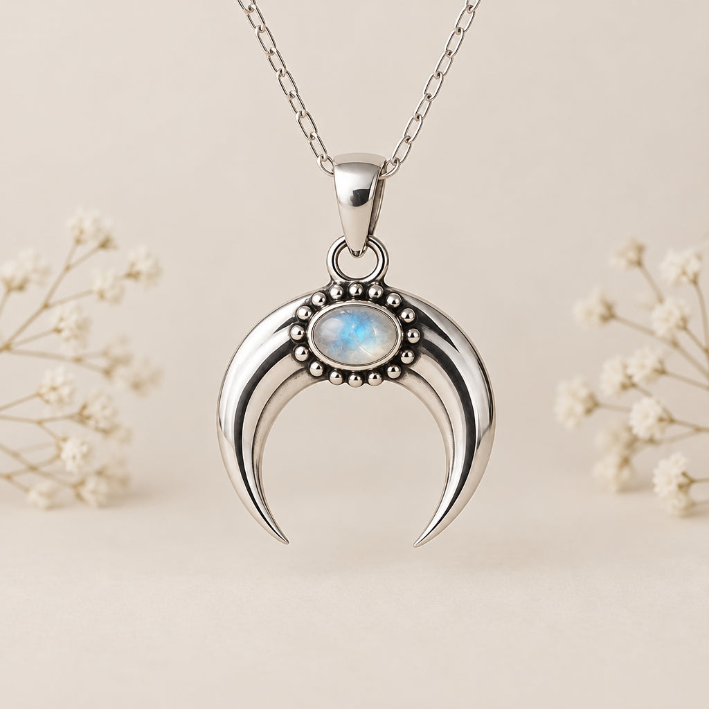 Sterling silver crescent moon pendant with a moonstone on a silver chain