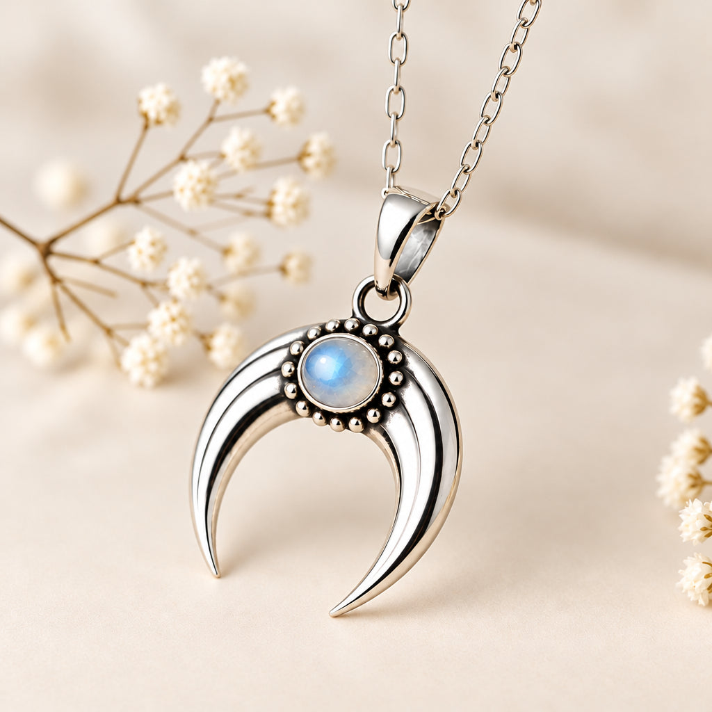 Silver crescent moon moonstone pendant necklace on a plain background with dried flowers