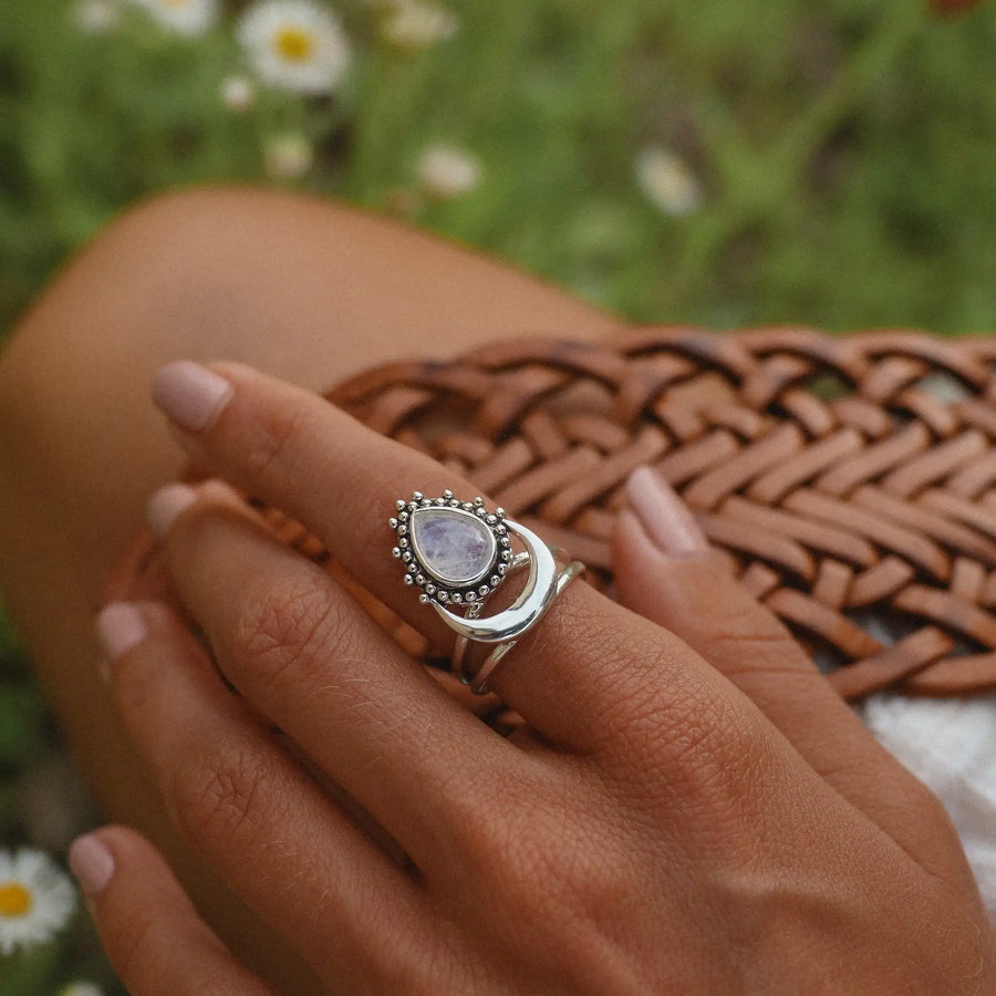 Woman's hand wearing a moonstone ring - moonstone jewellery Australia 