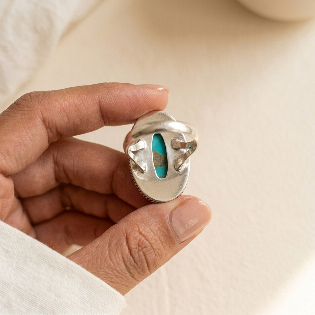 Back of the Mohave Turquoise Ring held between fingers, showing the open back behind the oval stone