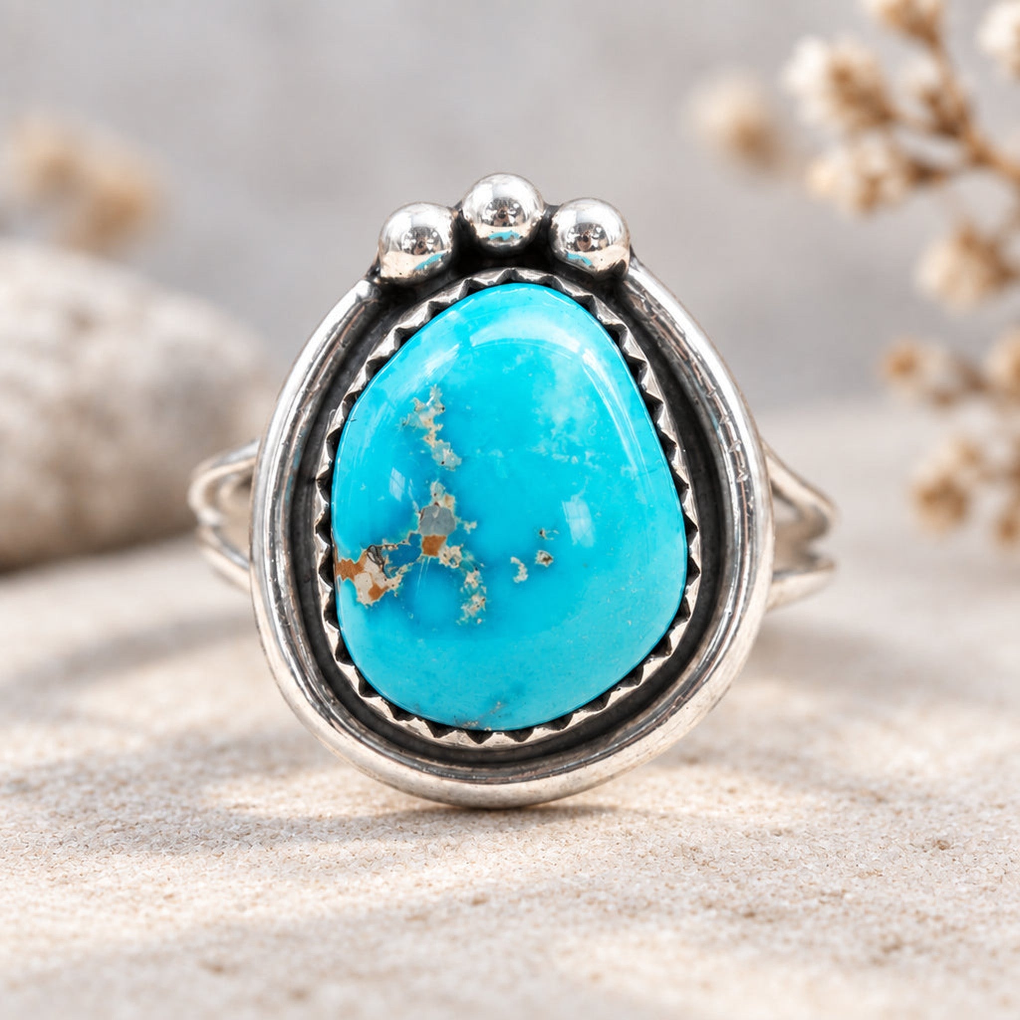 Sterling silver Navajo turquoise beaded ring, close-up