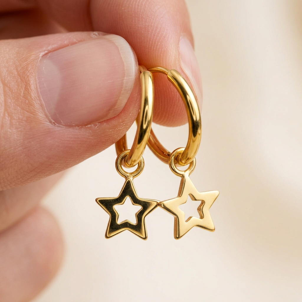 Highly polished gold star hoop earrings held between fingertips