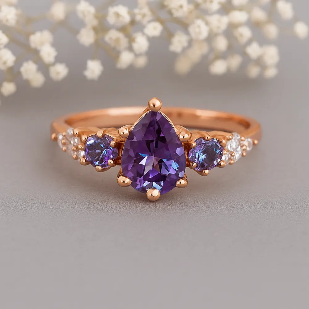 Rose gold ring with purple alexandrite gemstones on a neutral background