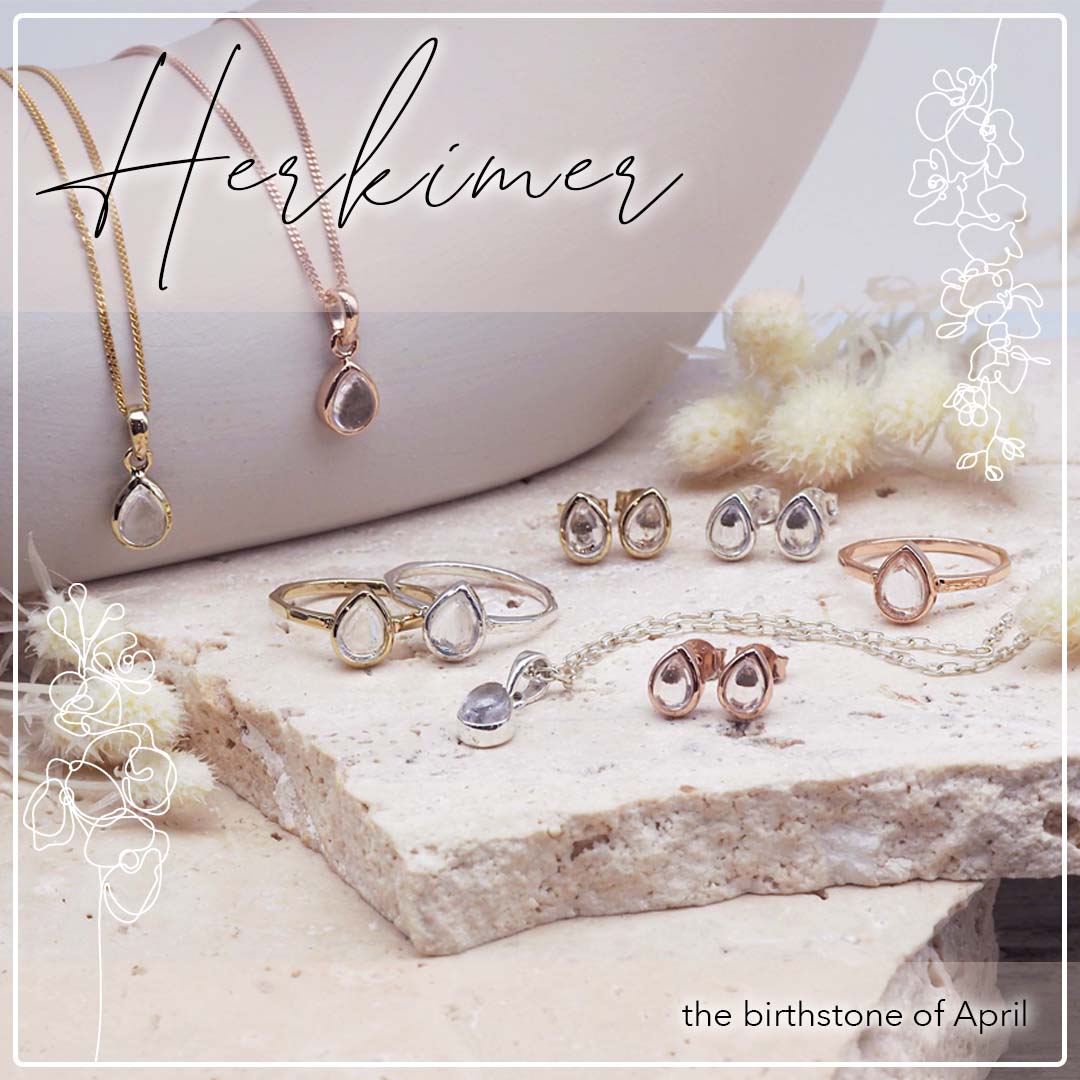 indie and harper herkimer april birthstone jewellery in rose gold, gold and silver