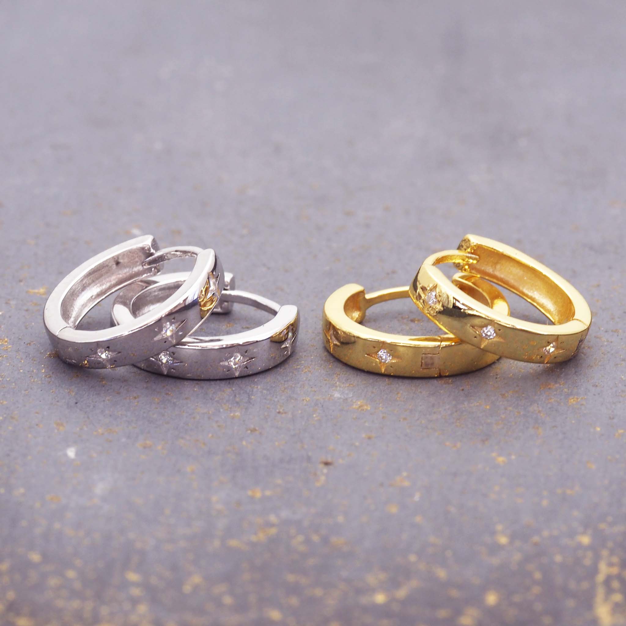 indie and harper dainty hoop earrings made with cubic zirconia, sterling silver and gold plating