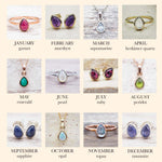 Jewelry set with gemstones corresponding to each month, on a light background.