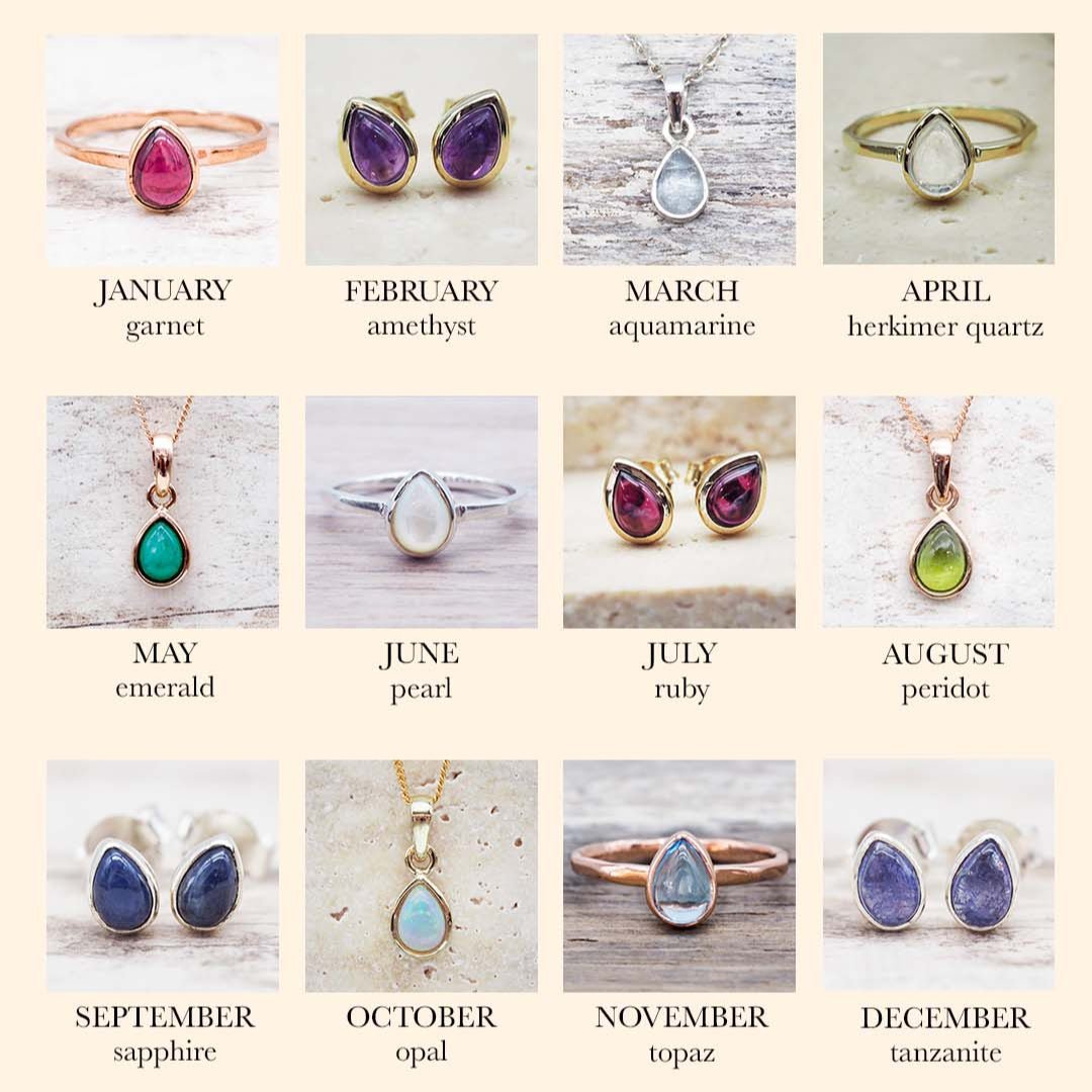 Jewelry set with gemstones corresponding to each month, displayed on a light background.