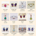 Jewelry with gemstones corresponding to each month, on a light beige background.